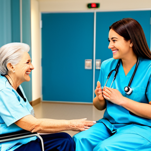 **

A kind female radiologic technologist, fully clothed in professional medical scrubs, gently explaining an upcoming MRI scan to a senior patient in a wheelchair. The setting is a brightly lit, clean hospital waiting area with comfortable chairs. The technologist is making eye contact and smiling warmly. Emphasis on perfect anatomy, natural proportions, well-formed hands, and proper finger count. safe for work, appropriate content, professional, modest, family-friendly.

**