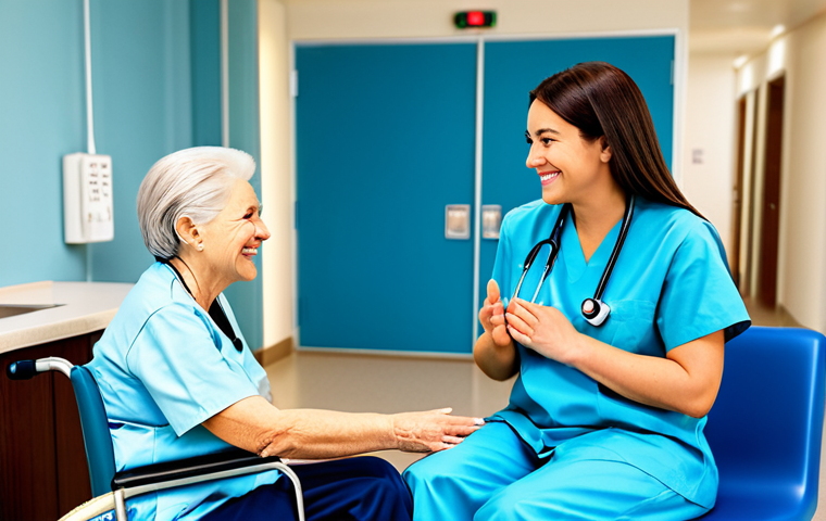 **

A kind female radiologic technologist, fully clothed in professional medical scrubs, gently explaining an upcoming MRI scan to a senior patient in a wheelchair. The setting is a brightly lit, clean hospital waiting area with comfortable chairs. The technologist is making eye contact and smiling warmly. Emphasis on perfect anatomy, natural proportions, well-formed hands, and proper finger count. safe for work, appropriate content, professional, modest, family-friendly.

**