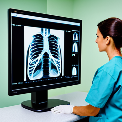 **Image Prompt:** A medical radiographer, fully clothed in scrubs, carefully reviewing a patient's X-ray image on a monitor in a brightly lit hospital radiology room. Focus on the radiographer's concentration and the advanced technology. Safe for work, appropriate content, professional, perfect anatomy, natural proportions, high quality.
