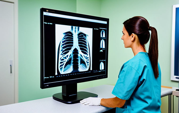 **Image Prompt:** A medical radiographer, fully clothed in scrubs, carefully reviewing a patient's X-ray image on a monitor in a brightly lit hospital radiology room. Focus on the radiographer's concentration and the advanced technology. Safe for work, appropriate content, professional, perfect anatomy, natural proportions, high quality.