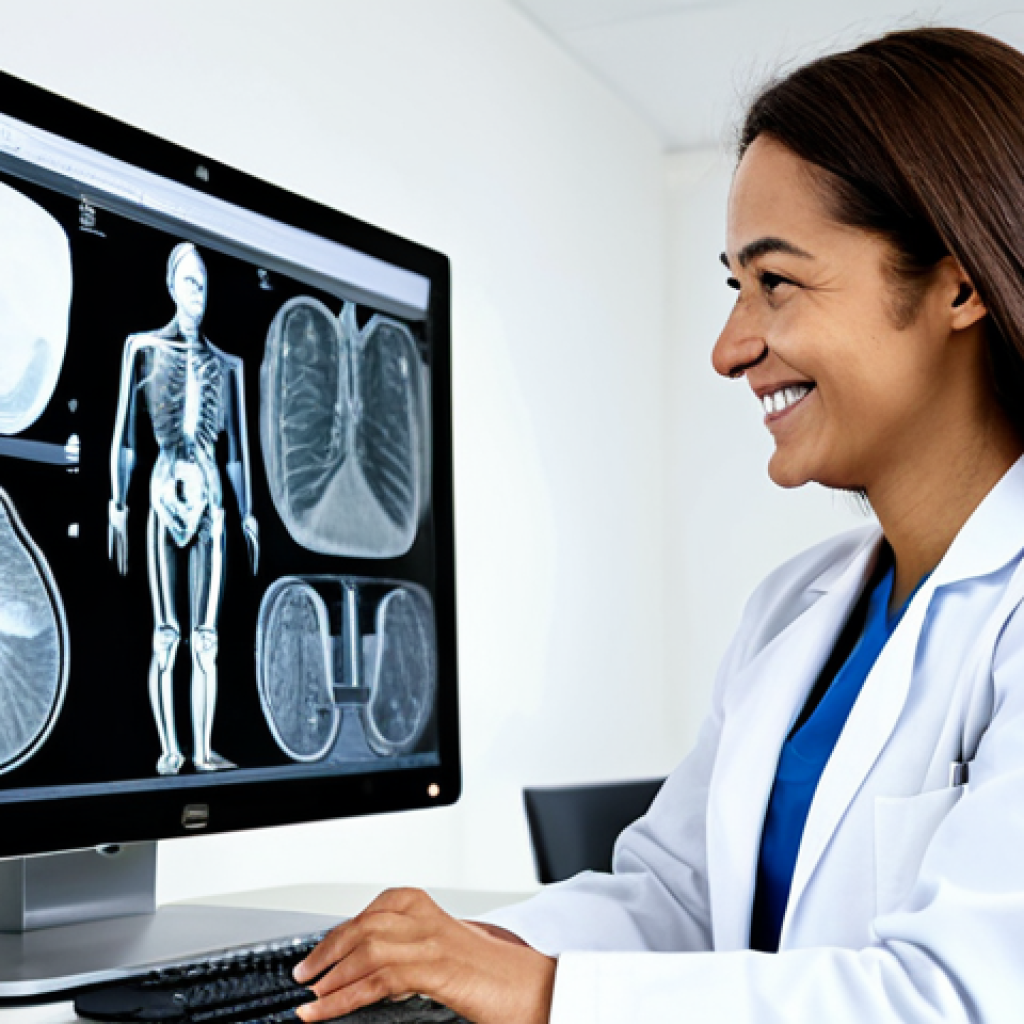 방사선사 이직 시장 전망 - A radiographer in a modern, well-lit clinic, smiling and interacting with a patient while reviewing ...
