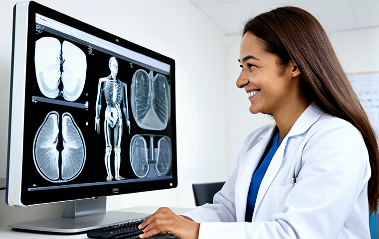 방사선사 이직 시장 전망 - A radiographer in a modern, well-lit clinic, smiling and interacting with a patient while reviewing ...
