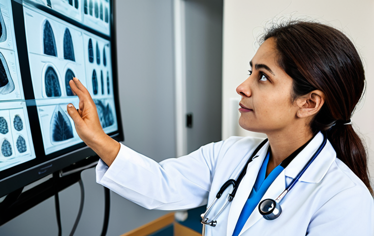 방사선사 이직 시장 전망 - A radiographer in a modern, well-lit clinic, smiling and interacting with a patient while reviewing ...