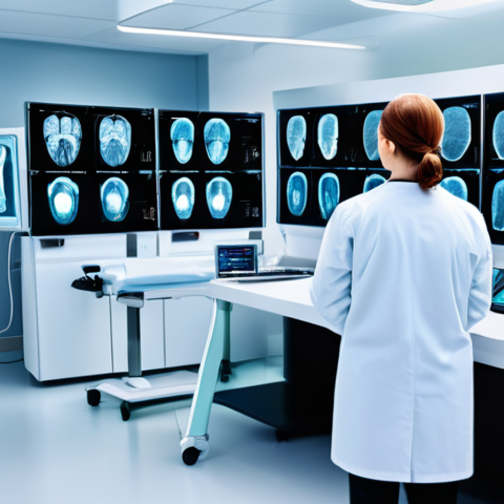 방사선사 직업 만족도 - A focused and professional radiographer, mid-30s, with a calm and intelligent expression, operates a...