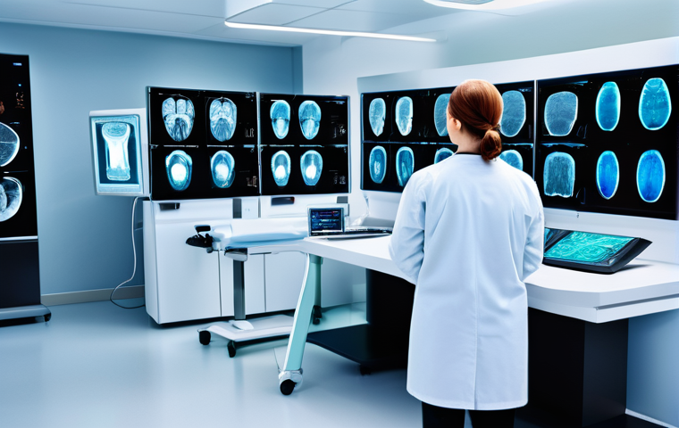 방사선사 직업 만족도 - A focused and professional radiographer, mid-30s, with a calm and intelligent expression, operates a...