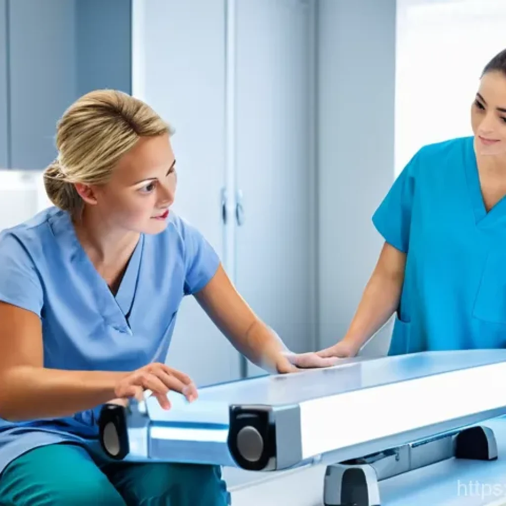 방사선사 경력 10년 후기 - **Prompt 1: A determined radiographer, wearing clean blue medical scrubs and a white lab coat, stand...