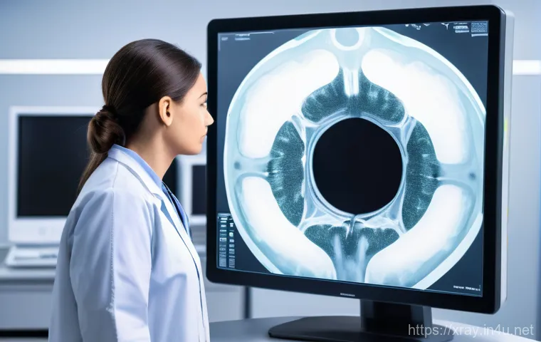 방사선사 경력 10년 후기 - **Prompt 1: A determined radiographer, wearing clean blue medical scrubs and a white lab coat, stand...