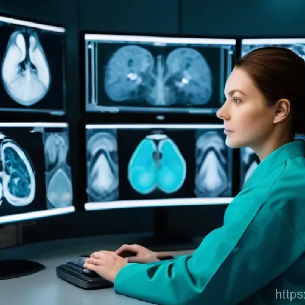 방사선사 영상 처리가 중요한 이유 - A professional female radiographer, dressed in a clean scrub suit, intently examining complex medica...