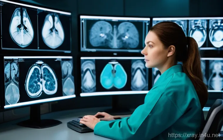 방사선사 영상 처리가 중요한 이유 - A professional female radiographer, dressed in a clean scrub suit, intently examining complex medica...