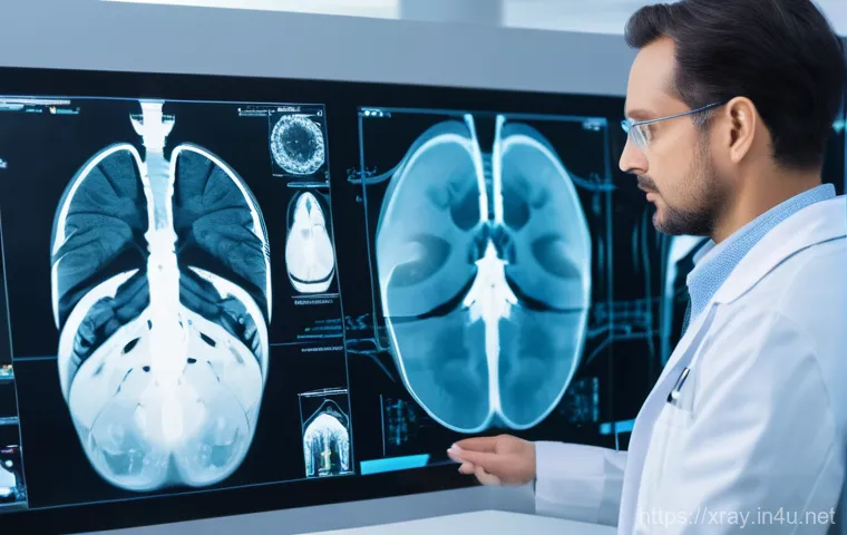 방사선사 영상 처리가 중요한 이유 - A professional female radiographer, dressed in a clean scrub suit, intently examining complex medica... 방사선사 영상 처리가 중요한 이유 - A professional female radiographer, dressed in a clean scrub suit, intently examining complex medica...