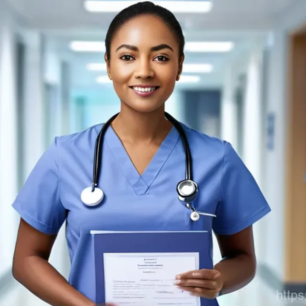 방사선사 경력증명서 준비 방법 - A confident female radiologist, dressed in neat medical scrubs with a lab coat, stands in a modern h...