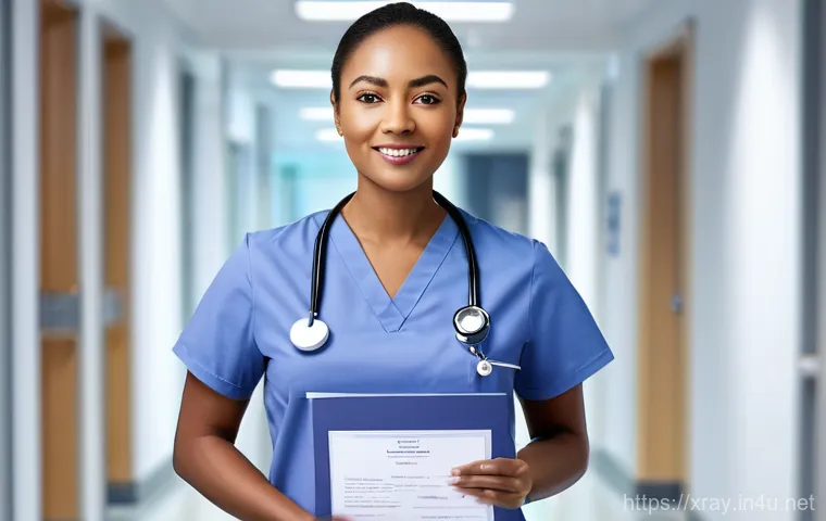 방사선사 경력증명서 준비 방법 - A confident female radiologist, dressed in neat medical scrubs with a lab coat, stands in a modern h...