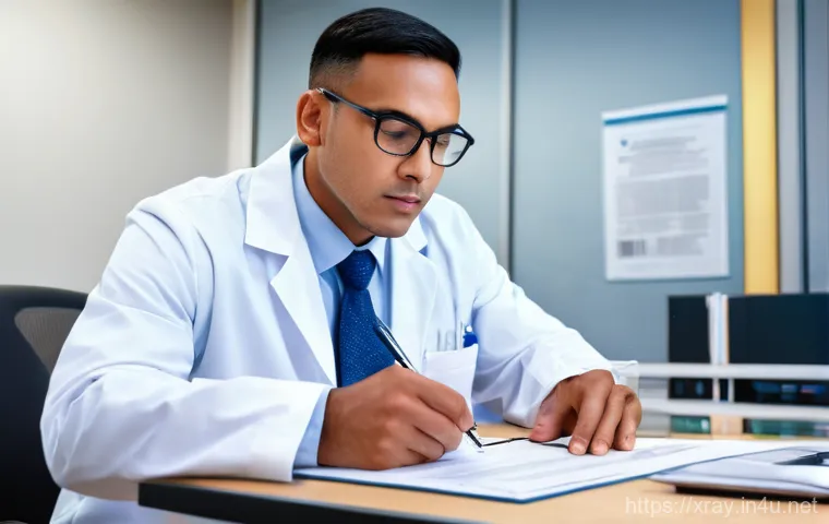 방사선사 경력증명서 준비 방법 - A confident female radiologist, dressed in neat medical scrubs with a lab coat, stands in a modern h...