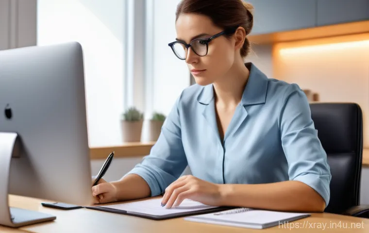 방사선사 경력증명서 준비 방법 - A focused male radiologist, wearing a clean lab coat over a collared shirt, sits at a well-organized...