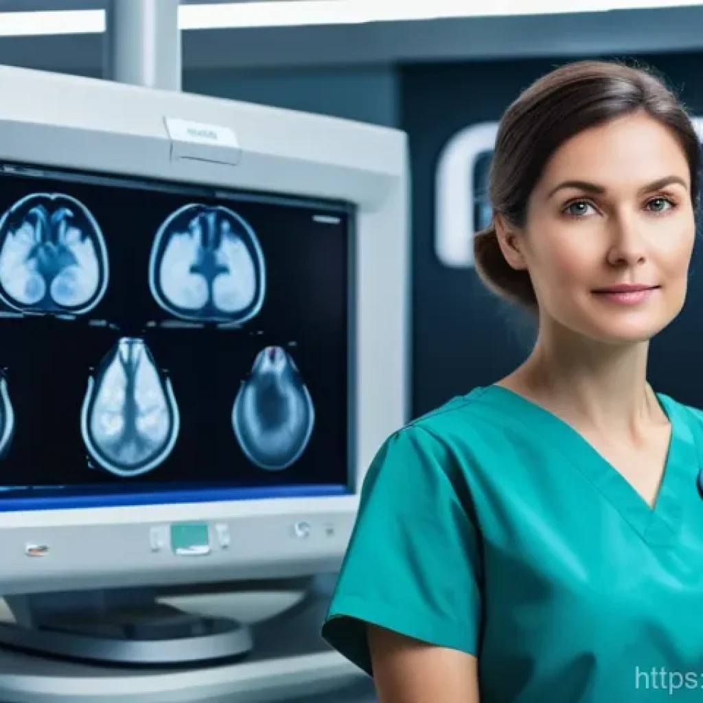 방사선사 병원 선택 기준 - A focused radiologist in professional scrubs, a woman in her late 30s, stands in a brightly lit, hig...