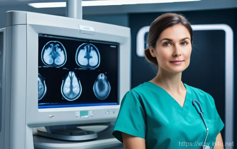 방사선사 병원 선택 기준 - A focused radiologist in professional scrubs, a woman in her late 30s, stands in a brightly lit, hig...