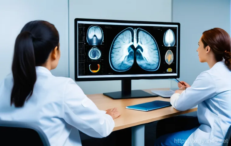 방사선사 병원 선택 기준 - A focused radiologist in professional scrubs, a woman in her late 30s, stands in a brightly lit, hig... 방사선사 병원 선택 기준 - A focused radiologist in professional scrubs, a woman in her late 30s, stands in a brightly lit, hig...