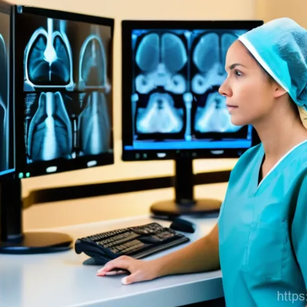 방사선사와 건강관리 요령 - A professional female radiographer, dressed in scrubs with a lead apron and a thyroid shield, stands...