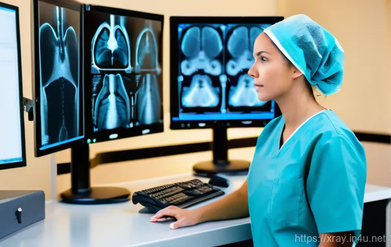 방사선사와 건강관리 요령 - A professional female radiographer, dressed in scrubs with a lead apron and a thyroid shield, stands...