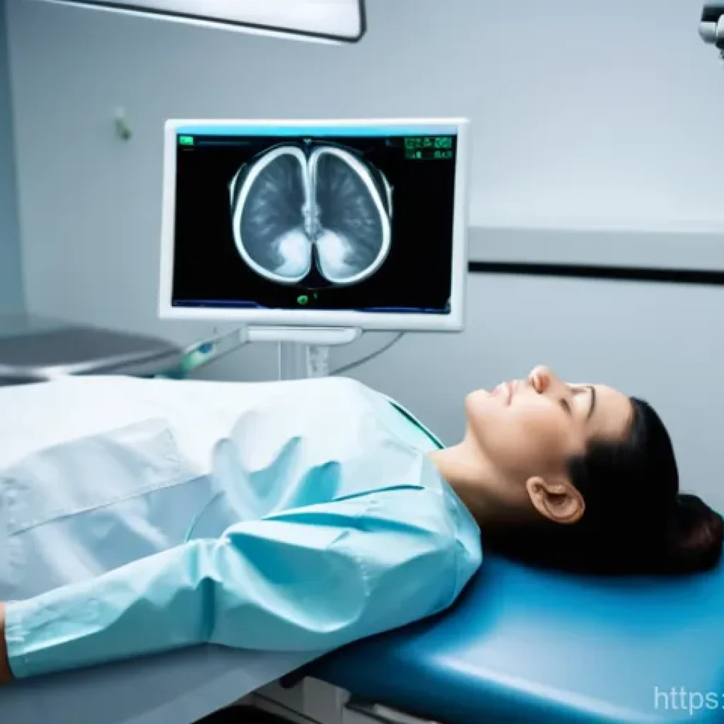 방사선사와 직무 전문성 강화 - A professional female radiographer, wearing a clean medical uniform, is gently performing an abdomin...