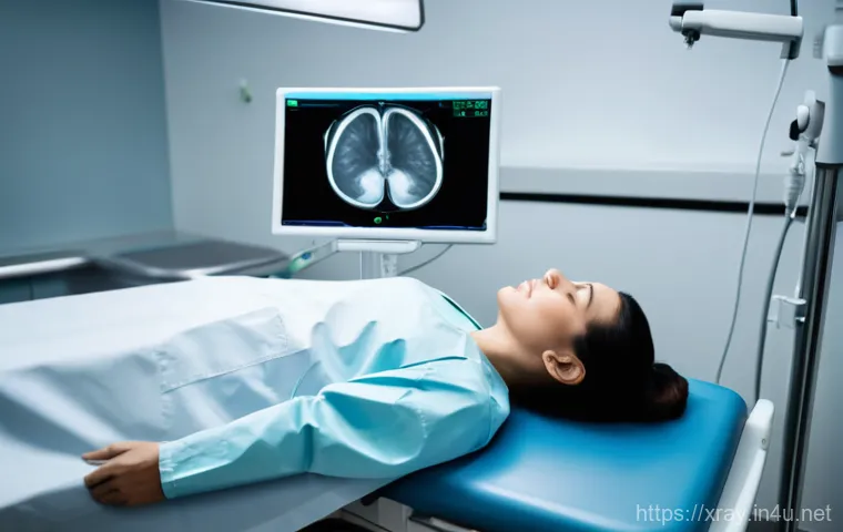 방사선사와 직무 전문성 강화 - A professional female radiographer, wearing a clean medical uniform, is gently performing an abdomin...