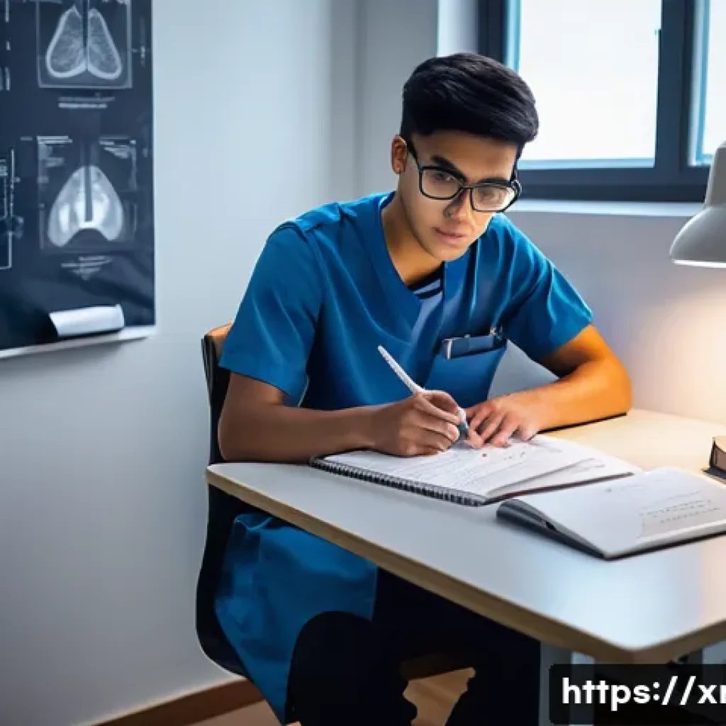 방사선사 자격증 대비 실전 문제 - A dedicated and focused radiography student, appearing to be in their early twenties, sits at a clea...