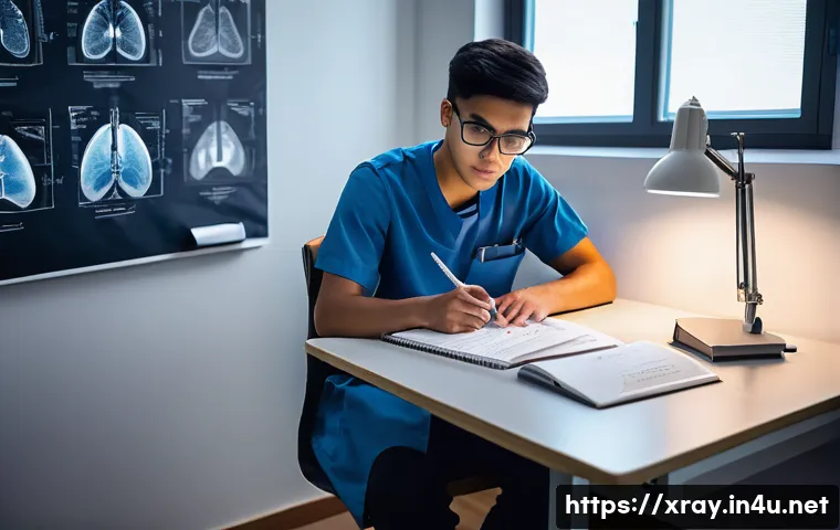 방사선사 자격증 대비 실전 문제 - A dedicated and focused radiography student, appearing to be in their early twenties, sits at a clea...