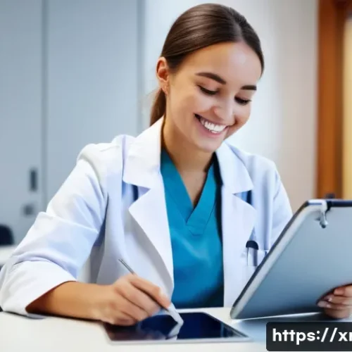 Home 26 방사선사 초봉 실태 - A young, enthusiastic female radiographer in her early 20s, wearing clean, light blue scrubs and a w...