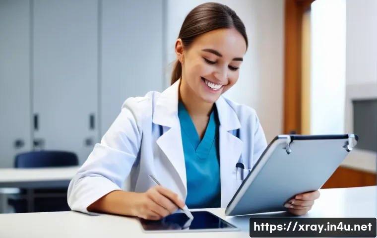 방사선사 초봉 실태 - A young, enthusiastic female radiographer in her early 20s, wearing clean, light blue scrubs and a w...
