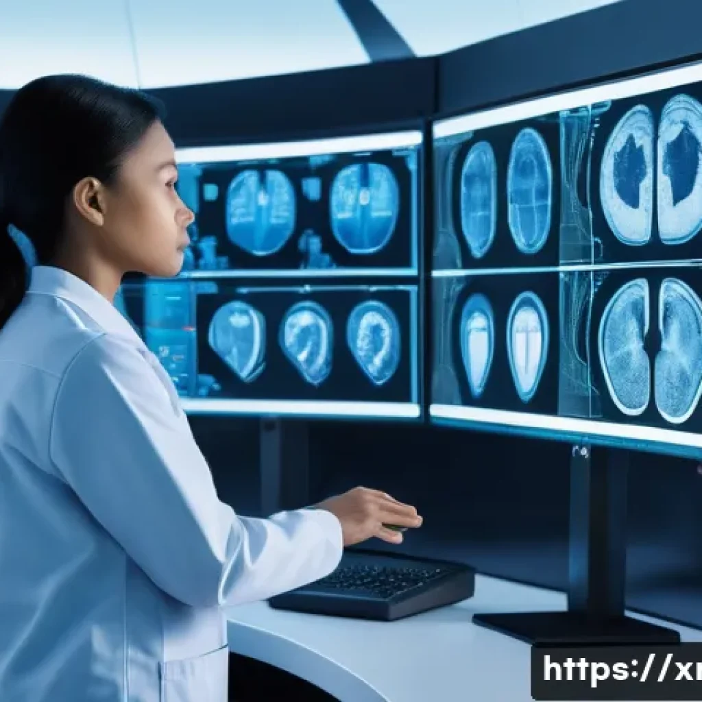 방사선사와 빅데이터 분석 - A professional radiographer, wearing a clean medical uniform, intently analyzes complex medical imag...