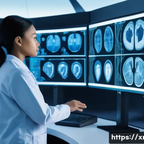 Home 13 방사선사와 빅데이터 분석 - A professional radiographer, wearing a clean medical uniform, intently analyzes complex medical imag...