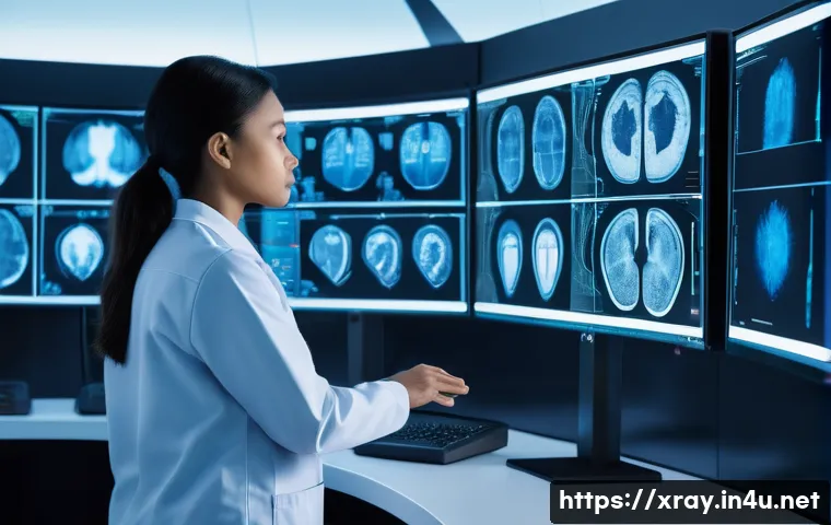 방사선사와 빅데이터 분석 - A professional radiographer, wearing a clean medical uniform, intently analyzes complex medical imag...